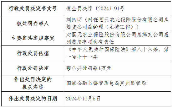 虛列費(fèi)用！國元農(nóng)險(xiǎn)貴州分公司及6家支公司被罰