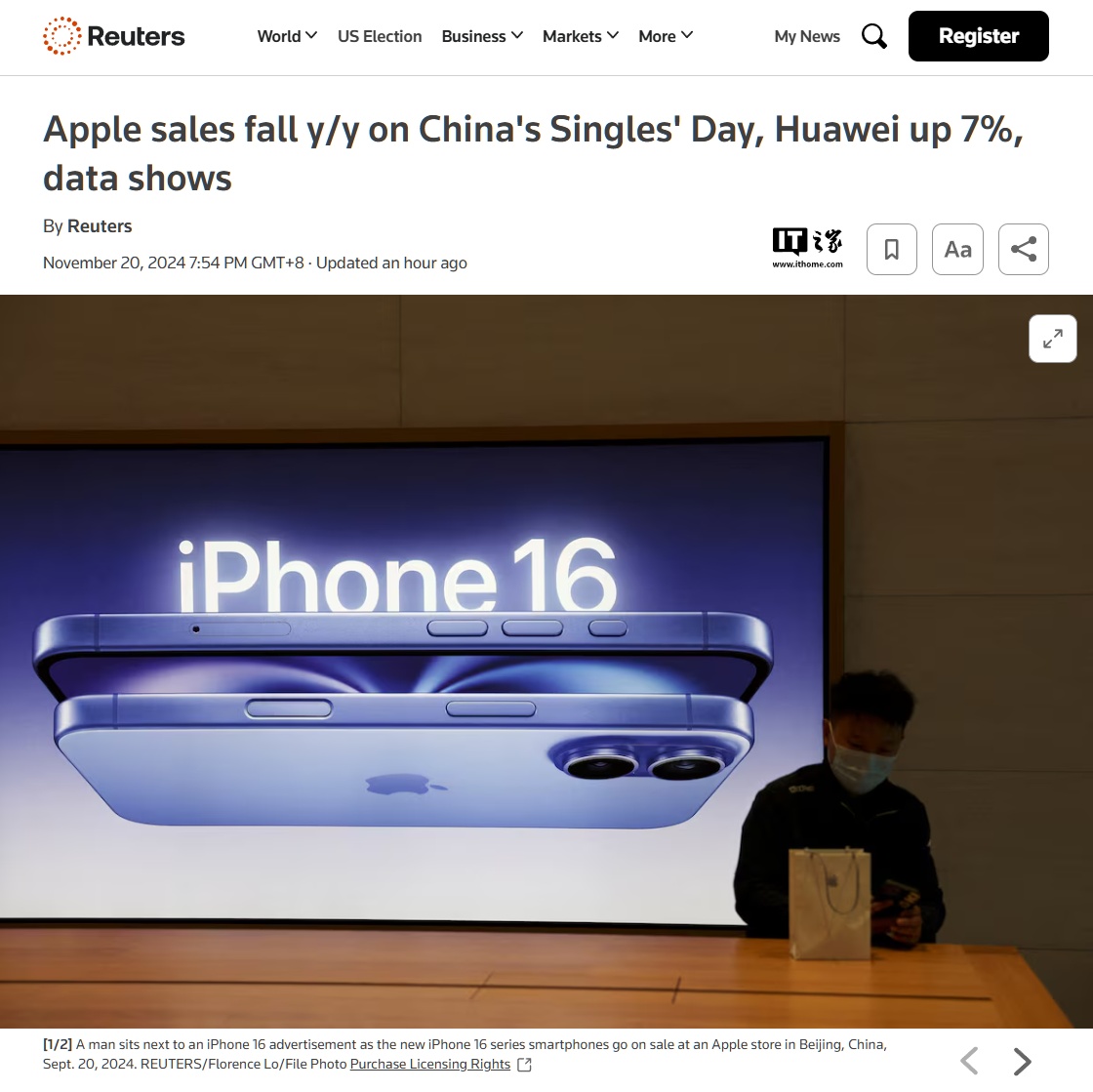 Counterpoint：蘋(píng)果 iPhone 雙十一期間在華銷量同比下滑兩位數(shù)百分比