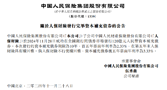 中國人民保險集團：人保財險成功發(fā)行120億元資本補充債券