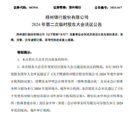 鄭州銀行：審議通過了《關于變更鄭州銀行股份有限公司外部審計機構(gòu)的議案》