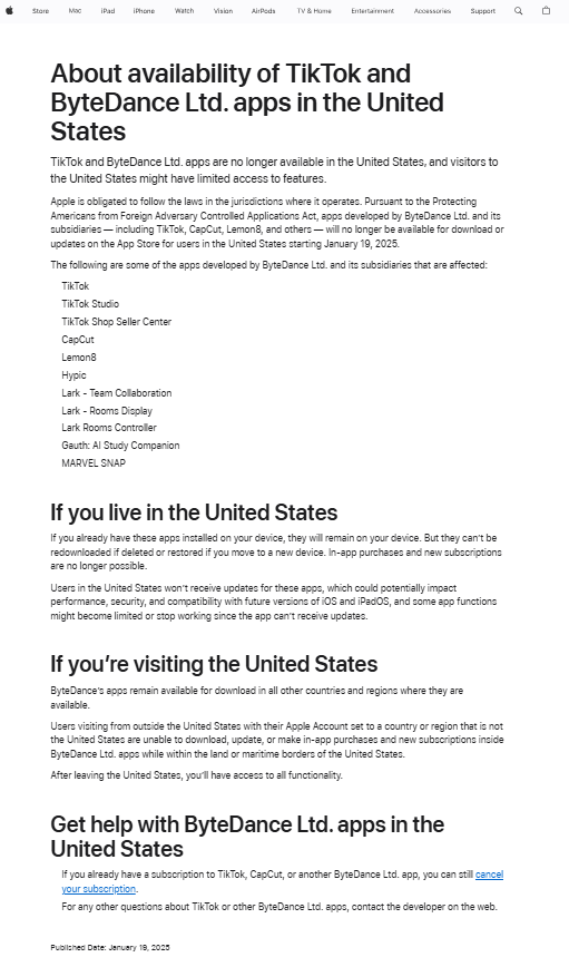 蘋果公司：TikTok及字節(jié)跳動(dòng)旗下應(yīng)用在美國已不可用