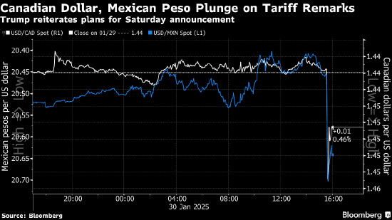 特朗普的25%關(guān)稅承諾震動(dòng)匯市 加元和墨西哥比索雙雙重挫