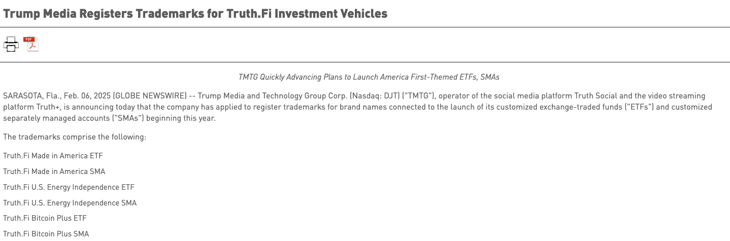 特朗普媒體科技宣布注冊金融產(chǎn)品商標(biāo) 推動(dòng)主題ETF發(fā)行