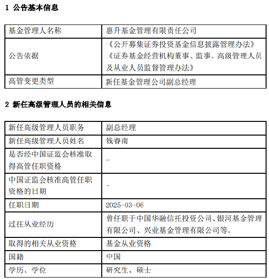 惠升基金新任錢睿南為副總經(jīng)理 曾任職于興業(yè)基金